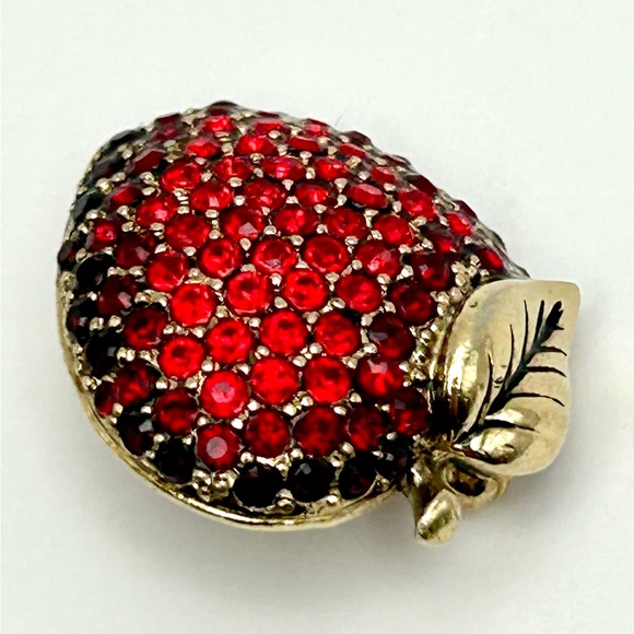 Vintage Monet Red Rhinestone Antique Gold Apple Pin Brooch Teachers Gift - Picture 2 of 15